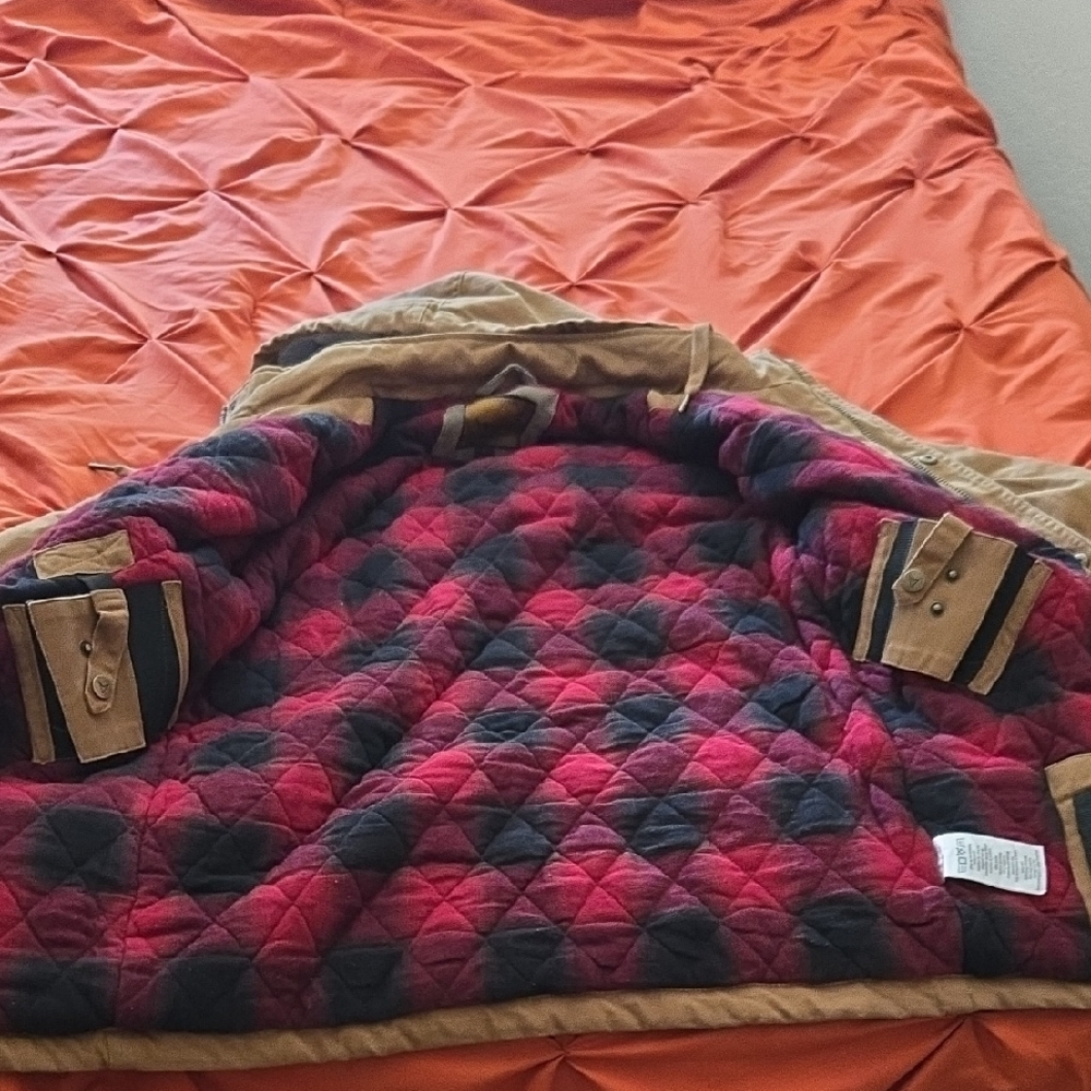 Bold Red and Black Puffer Jacket with Classic Plaid Lining